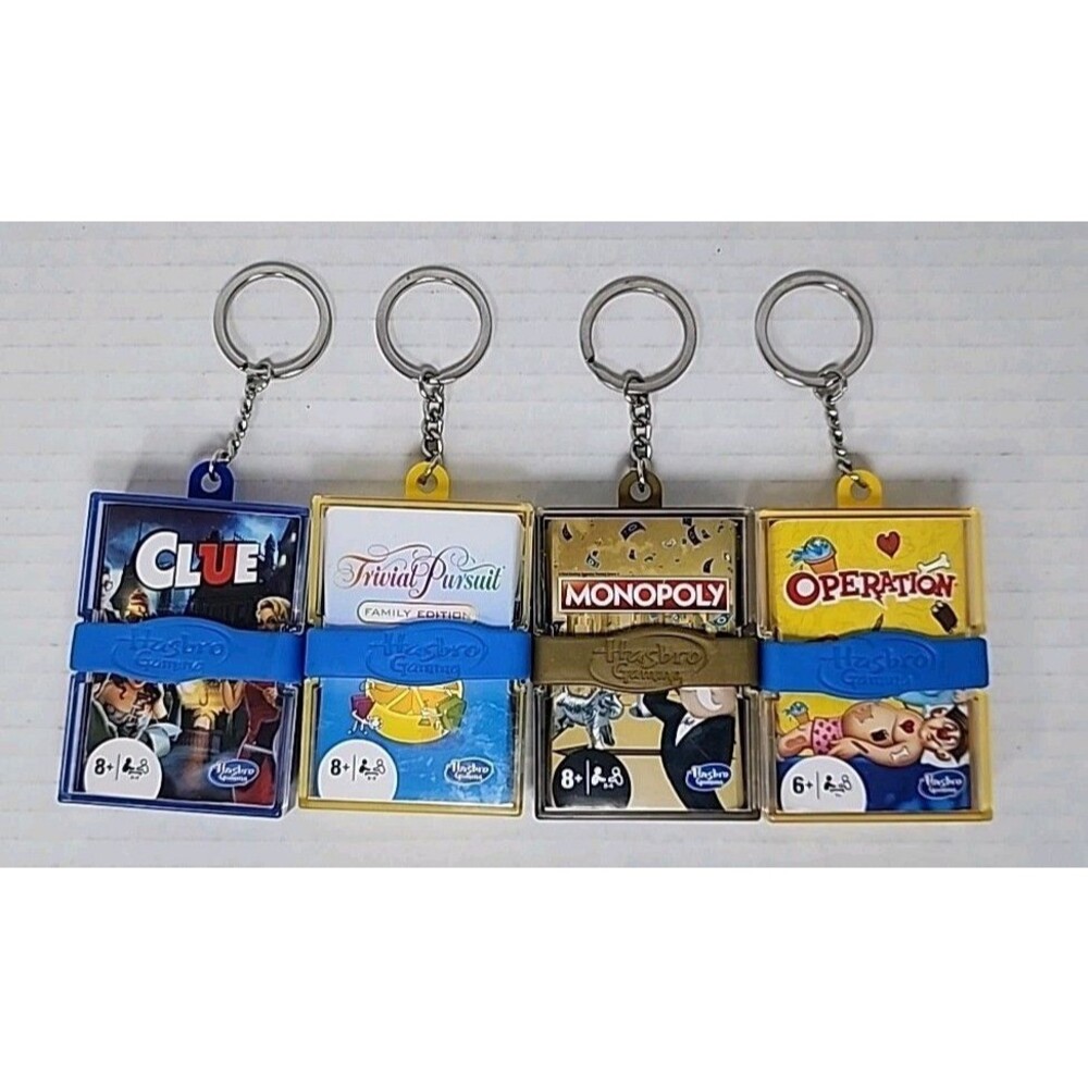Hasbro 4 Mini Keychain Games Monopoly, Clue, Operation, Trivial Pursuit 2021